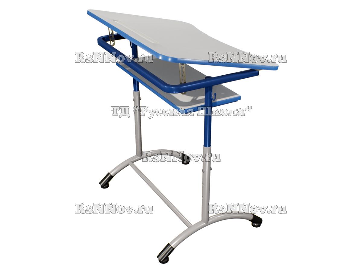 Стол ученический ДЖЕТ 1-мест регулируемый по высоте и углу наклона столешницы 0-15 градусов, с полкой «Точка роста» (гр. 4-6, ст. Серая, кр. Синяяя, мк. Синий/Серый)