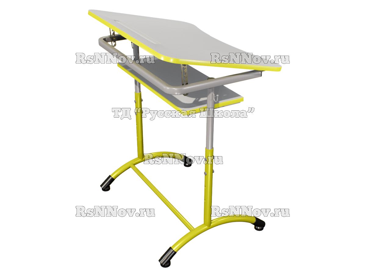 Стол ученический ДЖЕТ 1-мест регулируемый по высоте и углу наклона столешницы 0-15 градусов, с полкой «Точка роста» (гр. 4-6, ст. Серая, кр. Лайм, мк. Серый/Лайм)