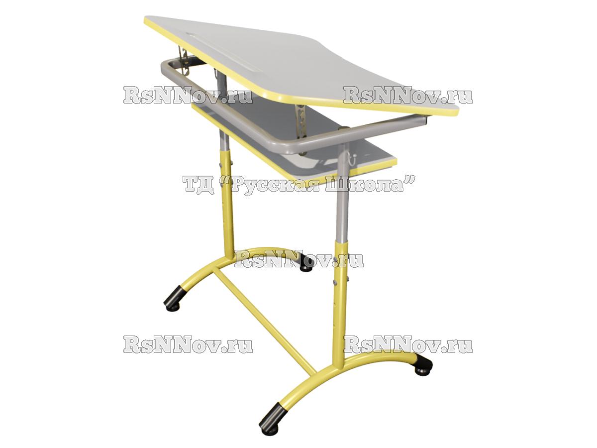 Стол ученический ДЖЕТ 1-мест регулируемый по высоте и углу наклона столешницы 0-15 градусов, с полкой «Точка роста» (гр. 4-6, ст. Серая, кр. Лимонная, мк. Серый/Лимонный)