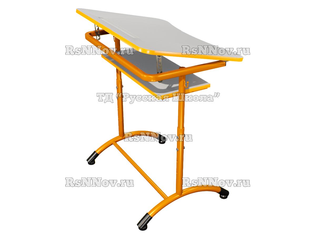Стол ученический ДЖЕТ 1-мест регулируемый по высоте и углу наклона столешницы 0-15 градусов, с полкой «Точка роста» (гр. 4-6, ст. Серая, кр. Оранжевая, мк. Оранжевый)