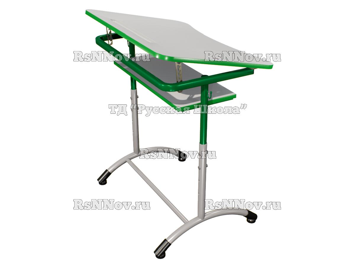 Стол ученический ДЖЕТ 1-мест регулируемый по высоте и углу наклона столешницы 0-15 градусов, с полкой «Точка роста» (гр. 4-6, ст. Серая, кр. Зелёная, мк. Зелёный/Серый)