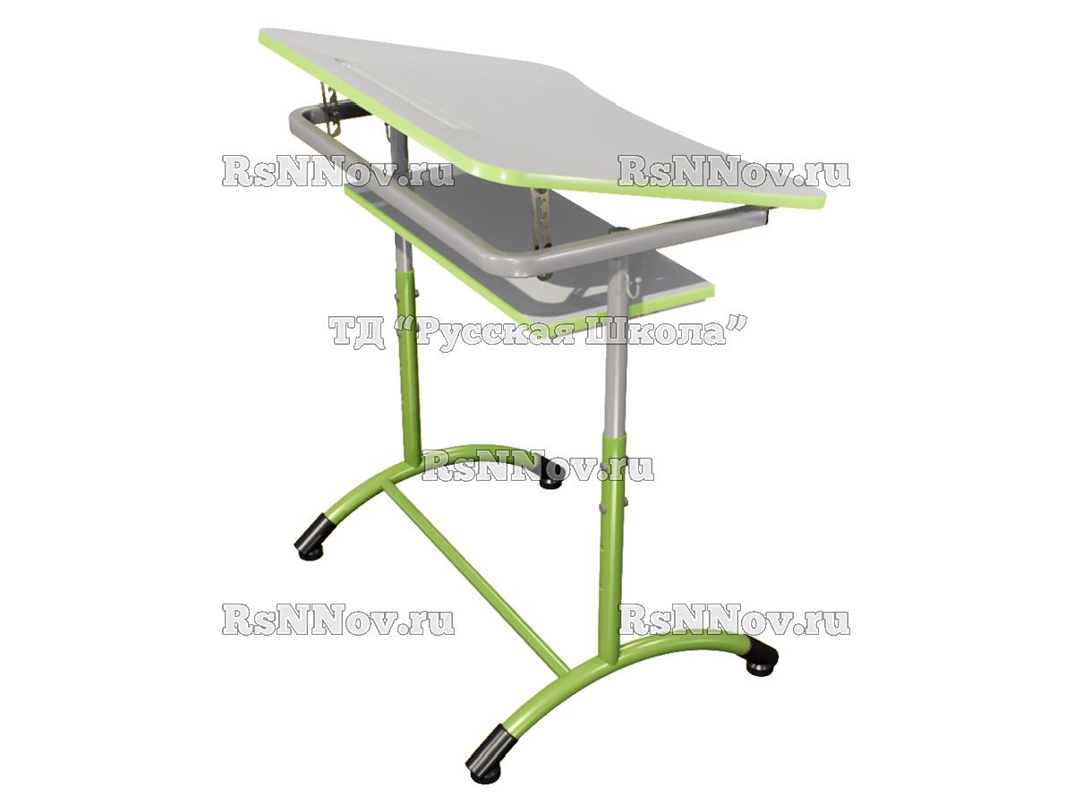Стол ученический ДЖЕТ 1-мест регулируемый по высоте и углу наклона столешницы 0-15 градусов, с полкой «Точка роста» (гр. 4-6, ст. Серая, кр. Фисташковая, мк. Серый/Фисташковый)
