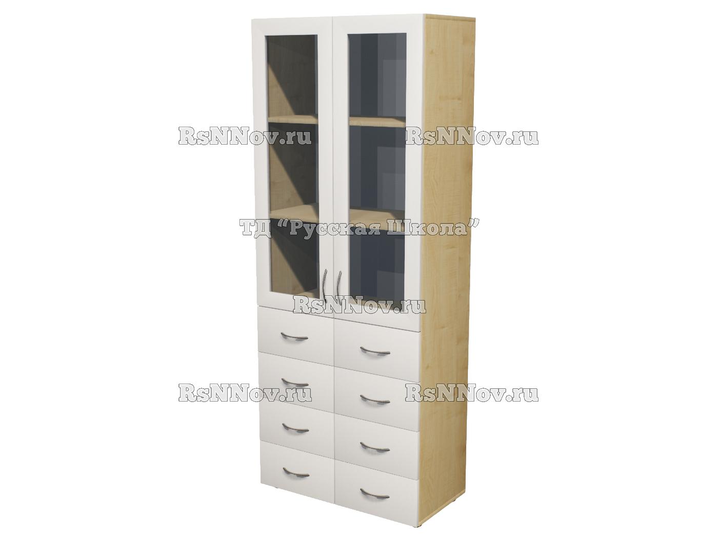 Шкаф ЭКО 25M14 широкий закрытый 8 ящиков со стеклом (кор. Клен, ф. Белые)