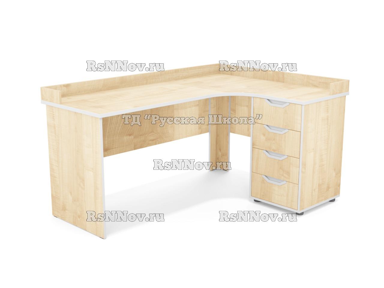 Стол угловой ЛОФТ с приставной тумбой 4 ящика, с бортом (ст. Клён, кр. Светло-серая), ручки «Соты»