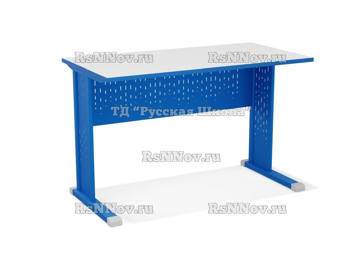 Стол учителя на м/к с перфорированным экраном и вставками, тип перфорации «Дождик» (ст. Серая, мк. Синий)
