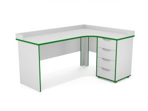 Стол угловой с приставной тумбой 4 ящика, с бортом (ст. Серая, кр. Зелёная), ручки «Соты»